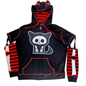 Skelanimals Kit the Cat Zip Up Hoodie Black Red Striped Emo Scene Goth 2X NWOT
